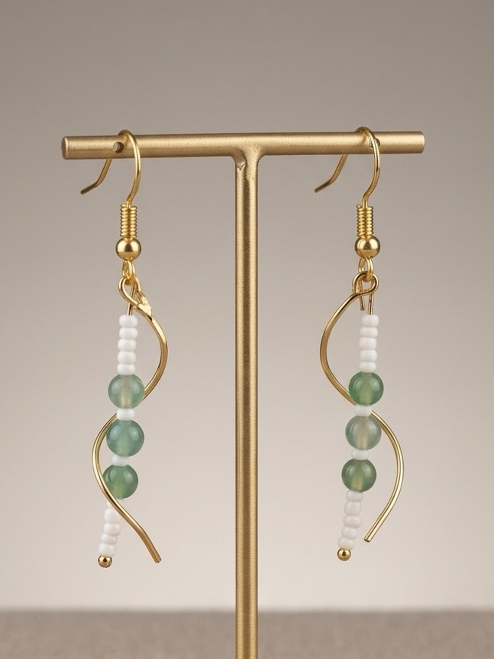 Dainty Green Jade & White Seed Bead Gold Twist Drop Earrings